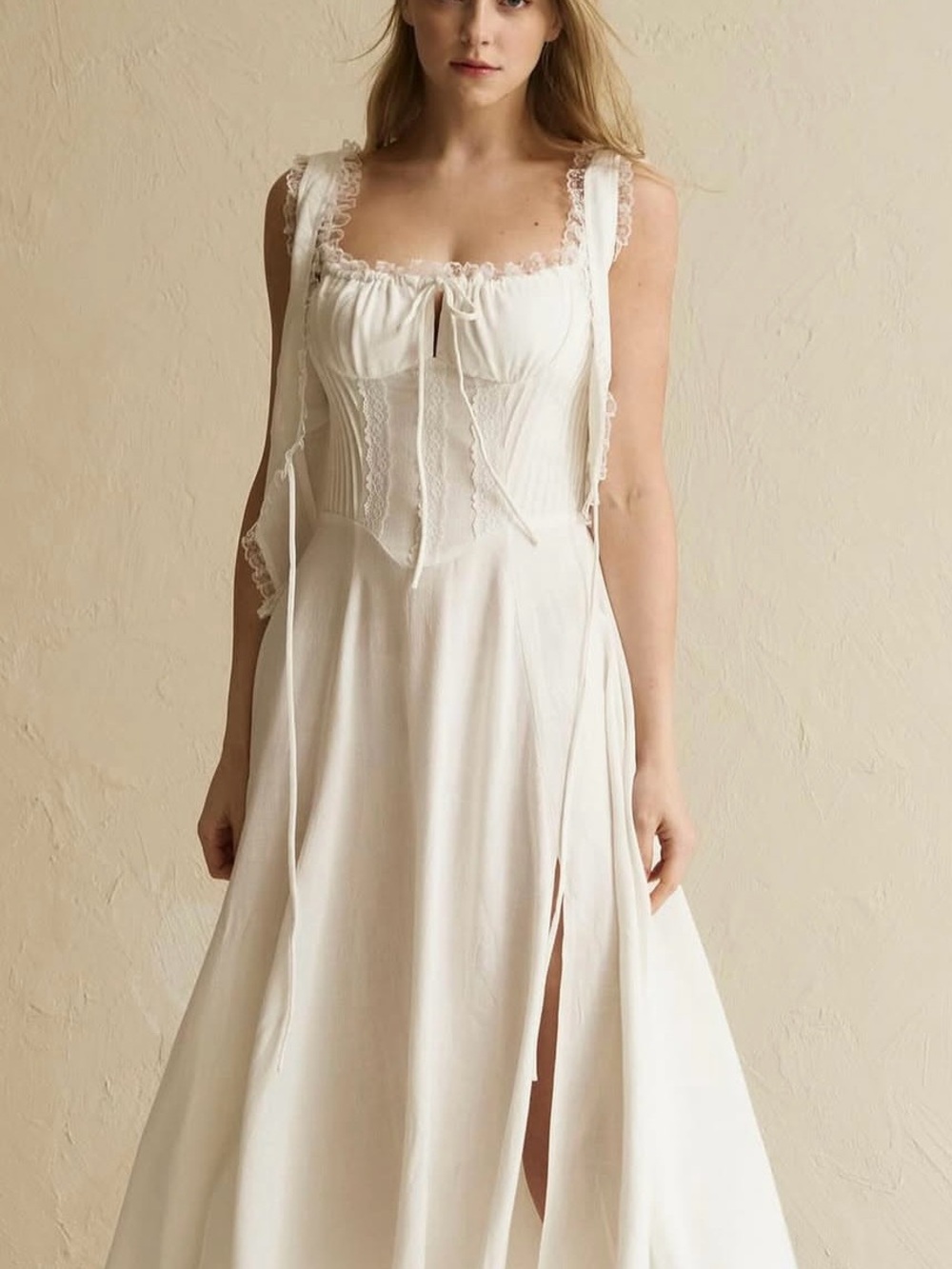 Nothing Fits But Maternity Lace-Trim Ivory Dress with Corset Bodice and vest
